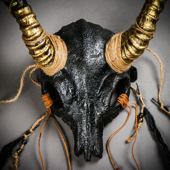 Antelope Devil Animal Skull with Gold Impala Horns Masquerade Mask - Black - Picture 3 of 10